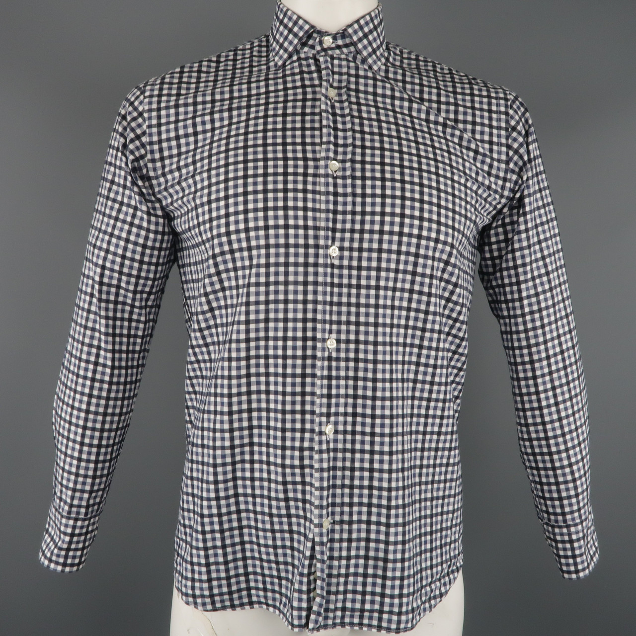 Etro Size S Navy Checkered Cotton Button Up Long Sleeve Shirt Leprix