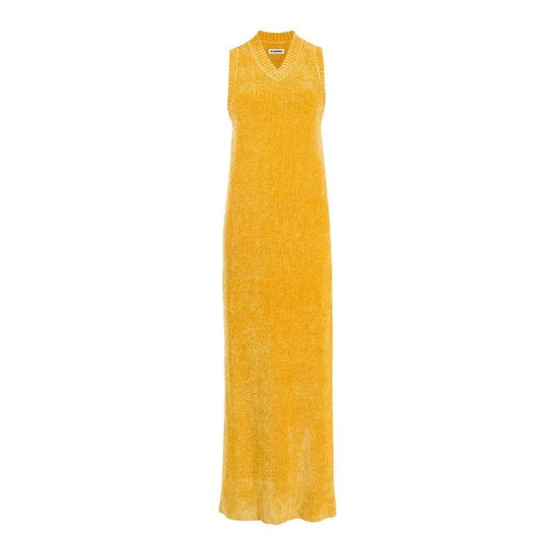 Jil Sander Gold Sleeveless Velvet Knitted Casual Maxi Dress Leprix