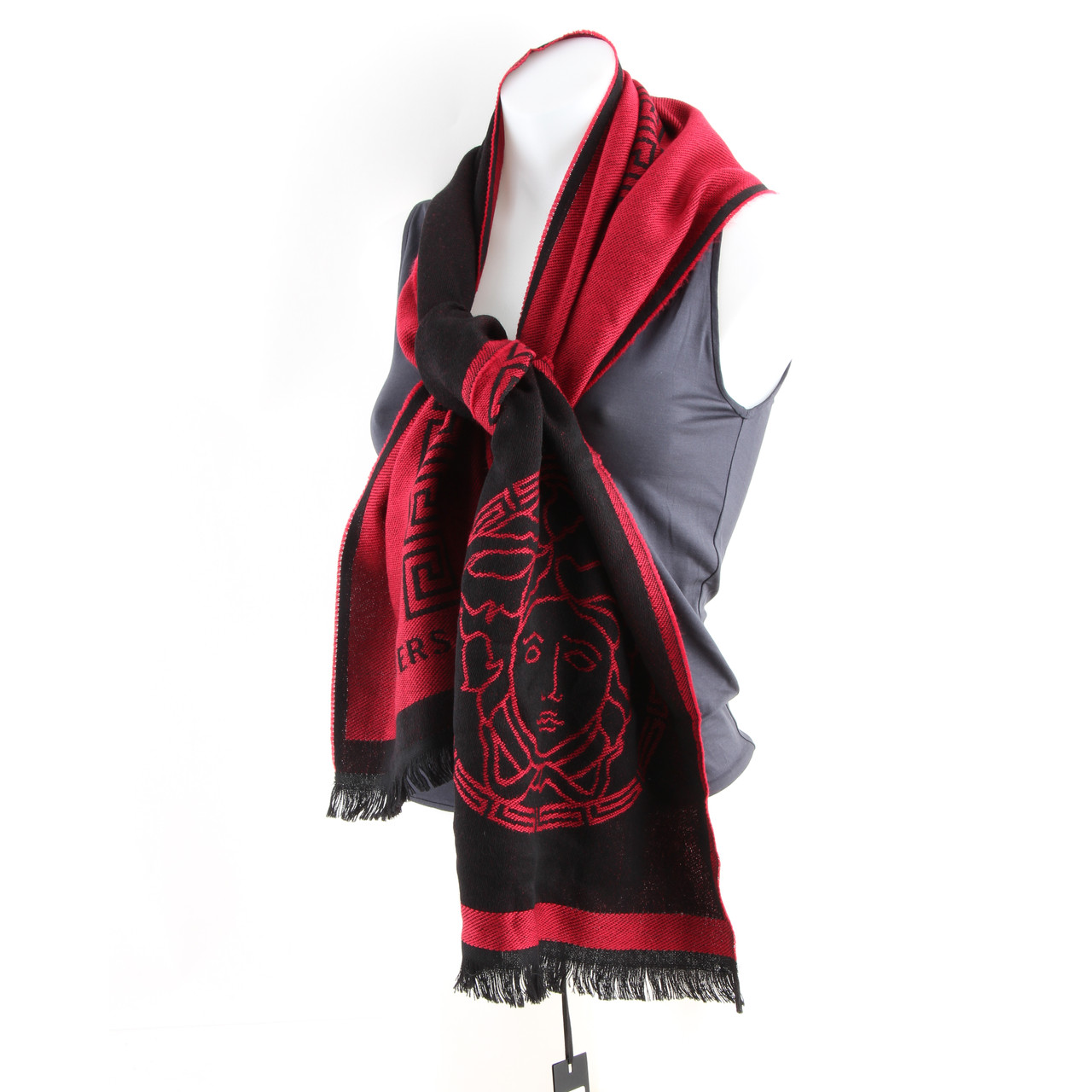 Versace Red Black Wool Medusa Greek Key Two Tone Scarf Leprix