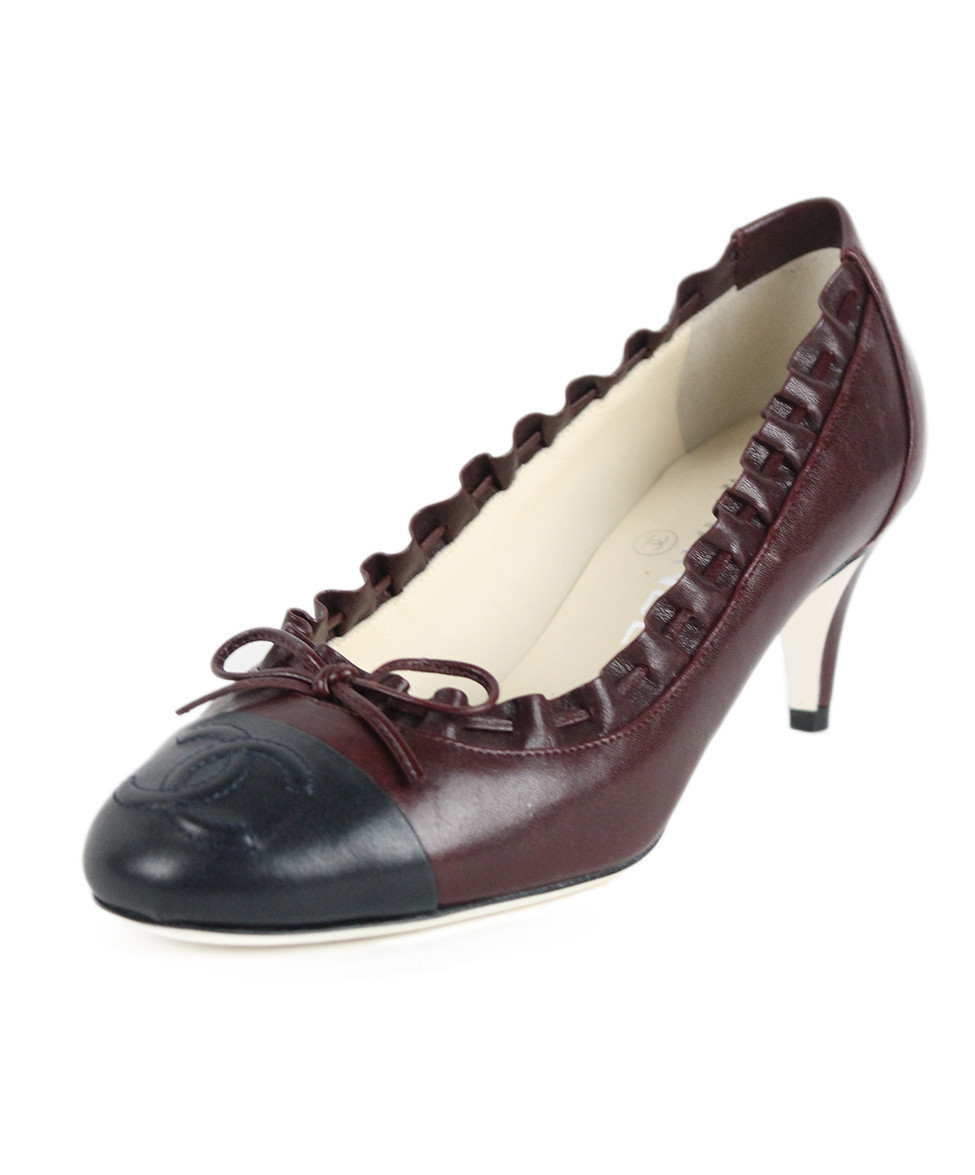 Chanel Heels Burgundy Leather Navy Trim Shoes Sz 5.5 LePrix