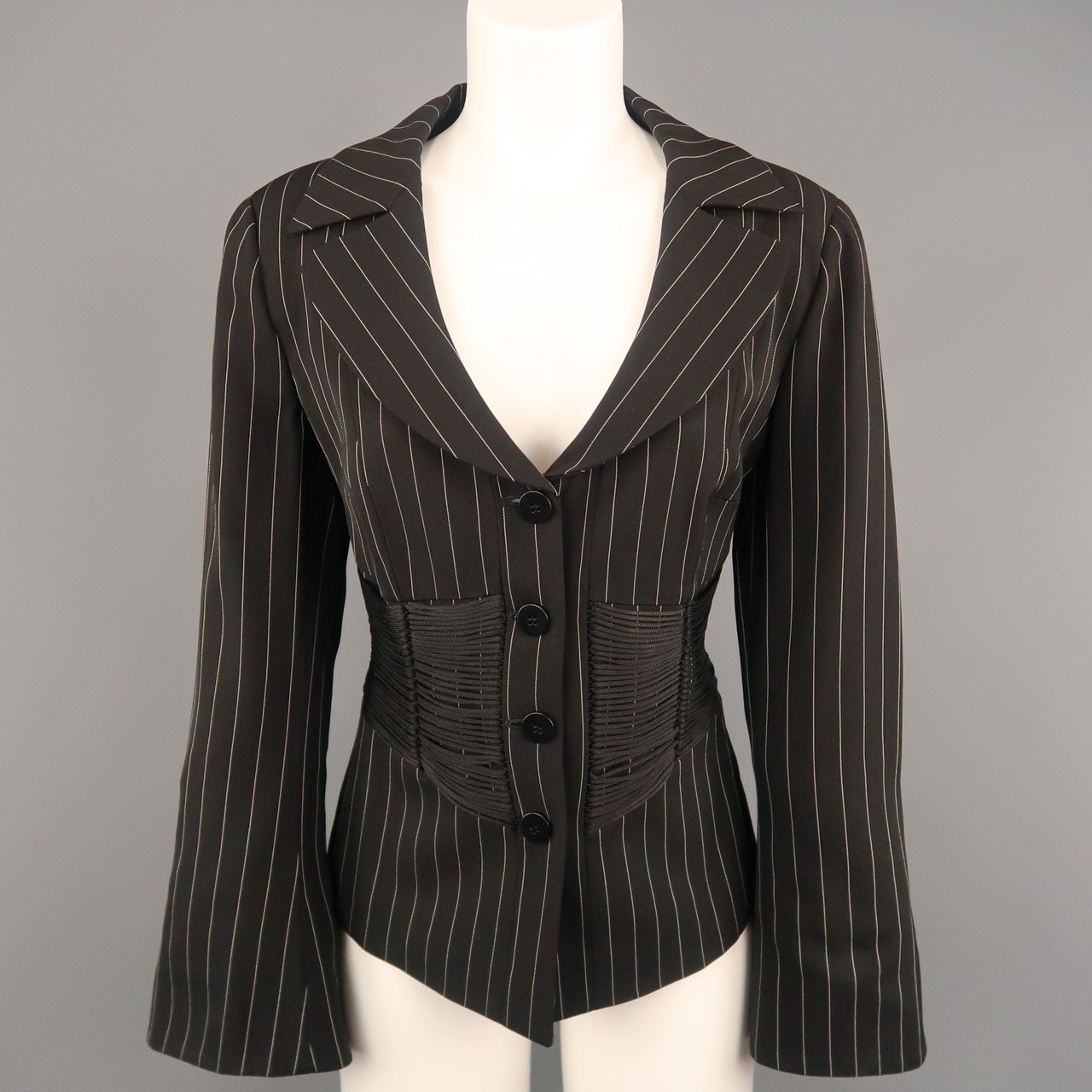 Armani Collezioni Size 12 Black Pinstripe Fringe Corset Blazer