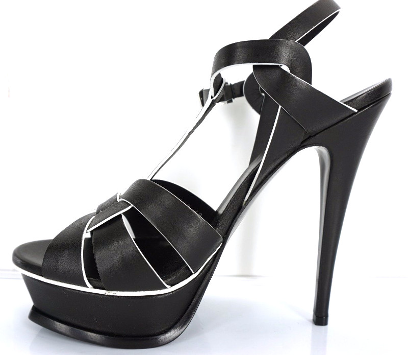 Yves Saint Laurent Tribute Trim Sandal Black White Heels Strappy Leprix