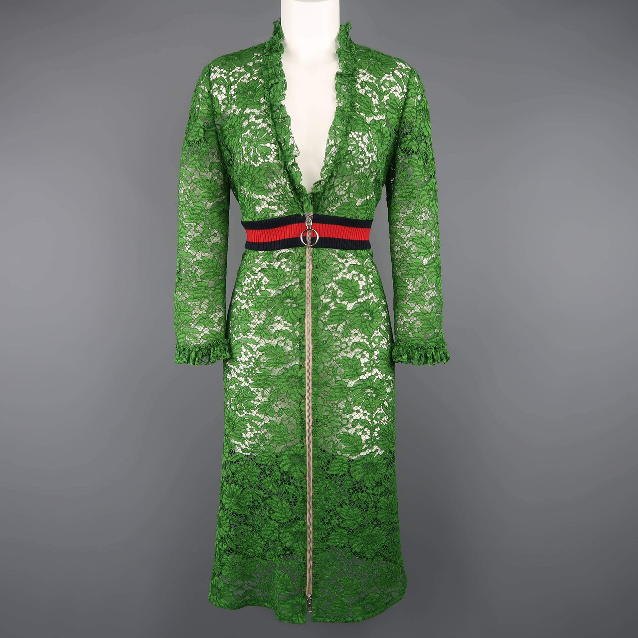 Gucci Size 8 Green Ruffled Lace Striped Waist Zip A Line Dress Leprix