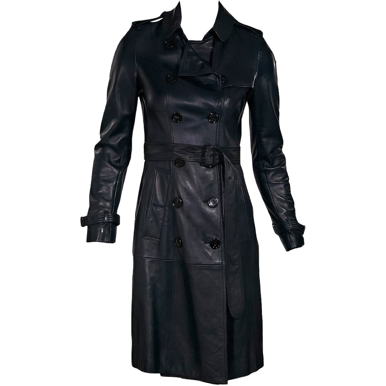 Navy Blue Burberry Prorsum Leather Trench Coat Leprix