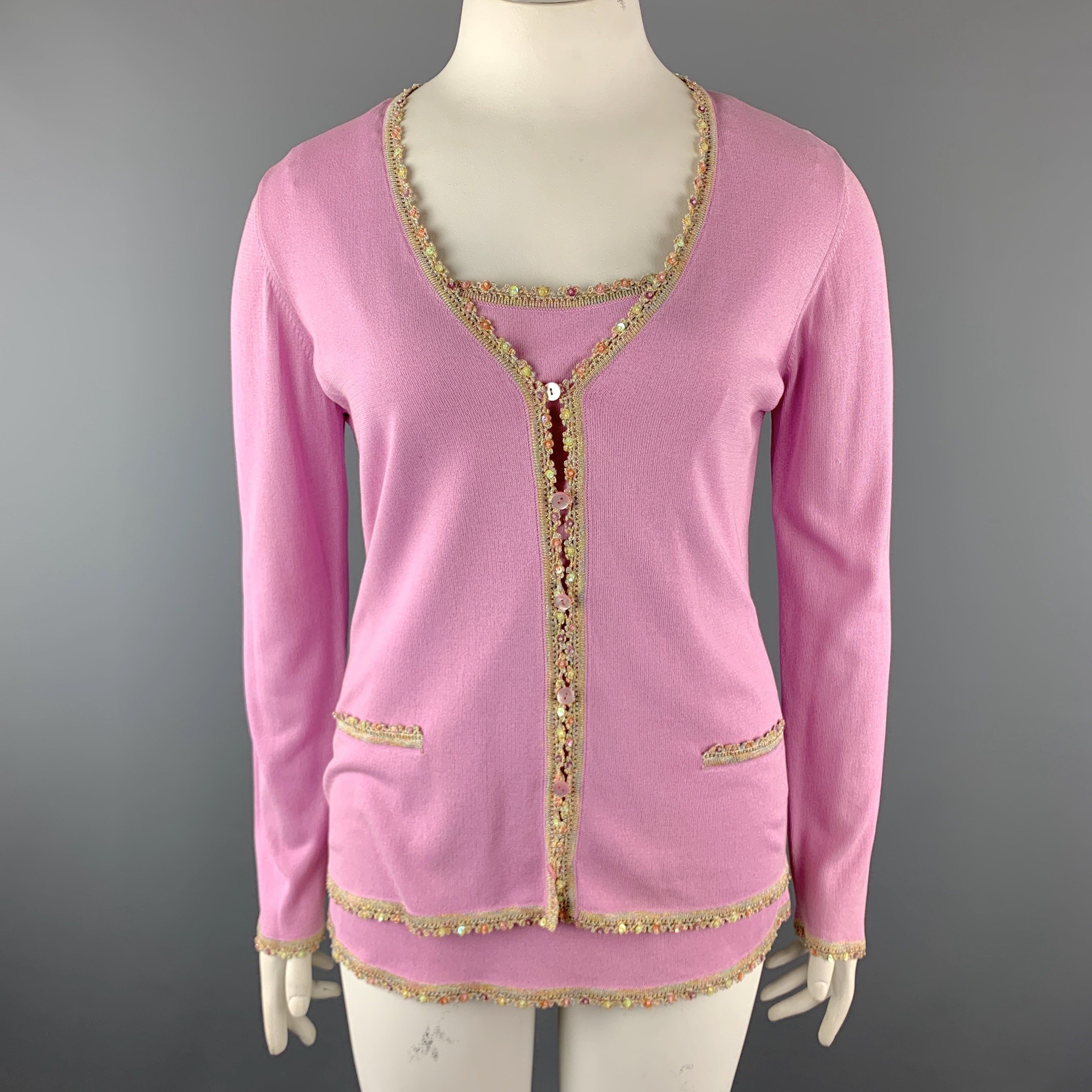 Escada Size 10 Pink Rayon Blend Embellished Trim Cardigan Camisole Set Escada Size 10 Pink Rayon Blend Embellished Trim Cardigan Camisole Set