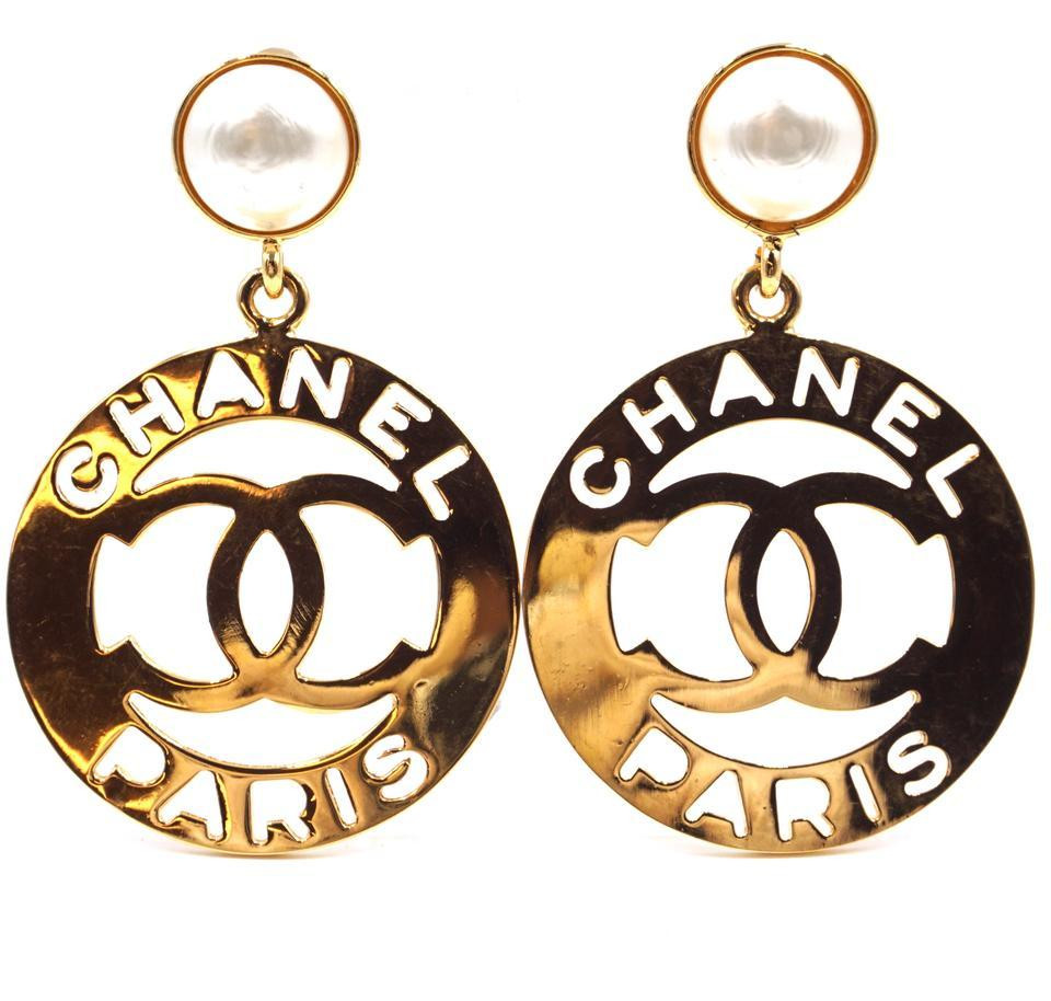 chanel cc large gold dangling earrings