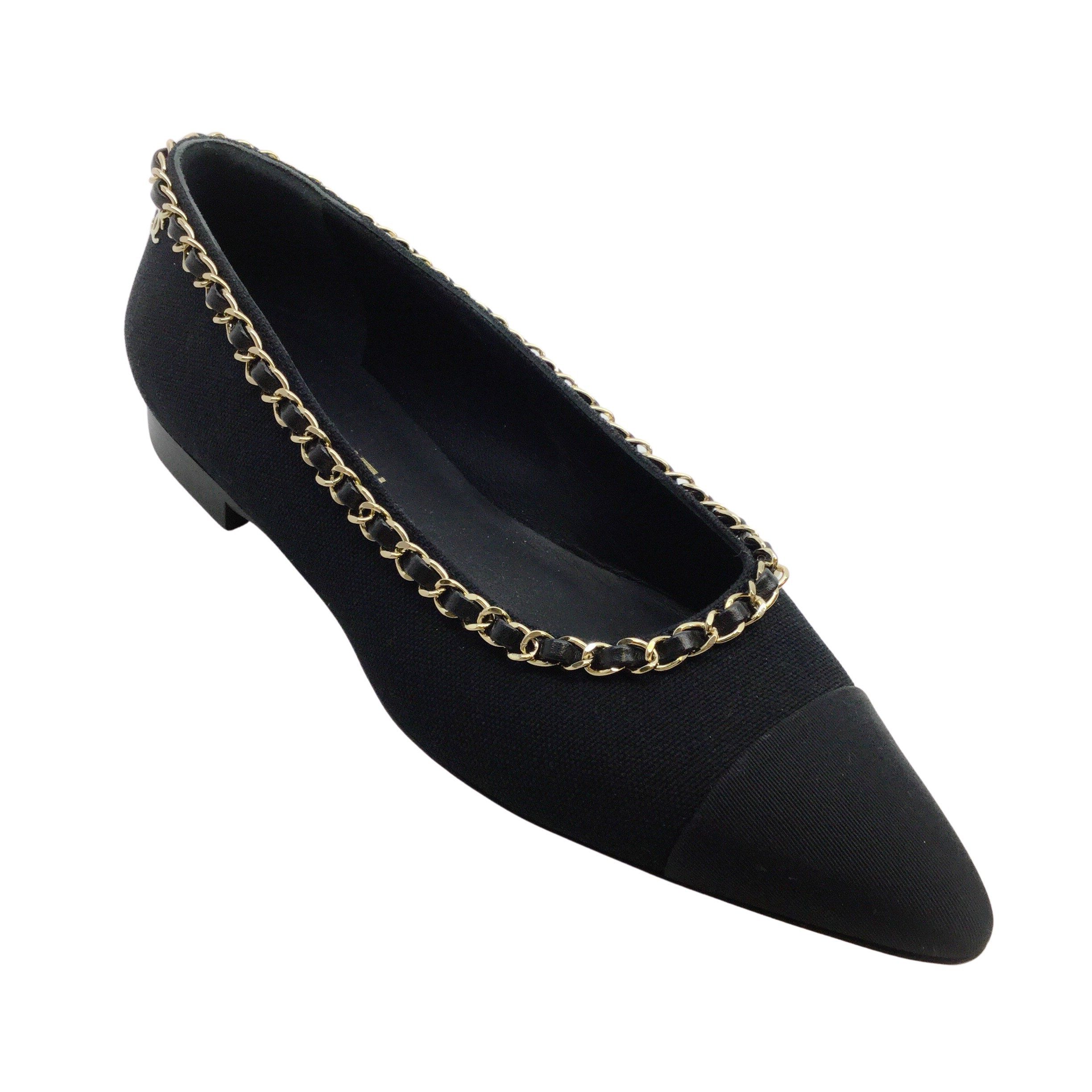 black flats with gold chain