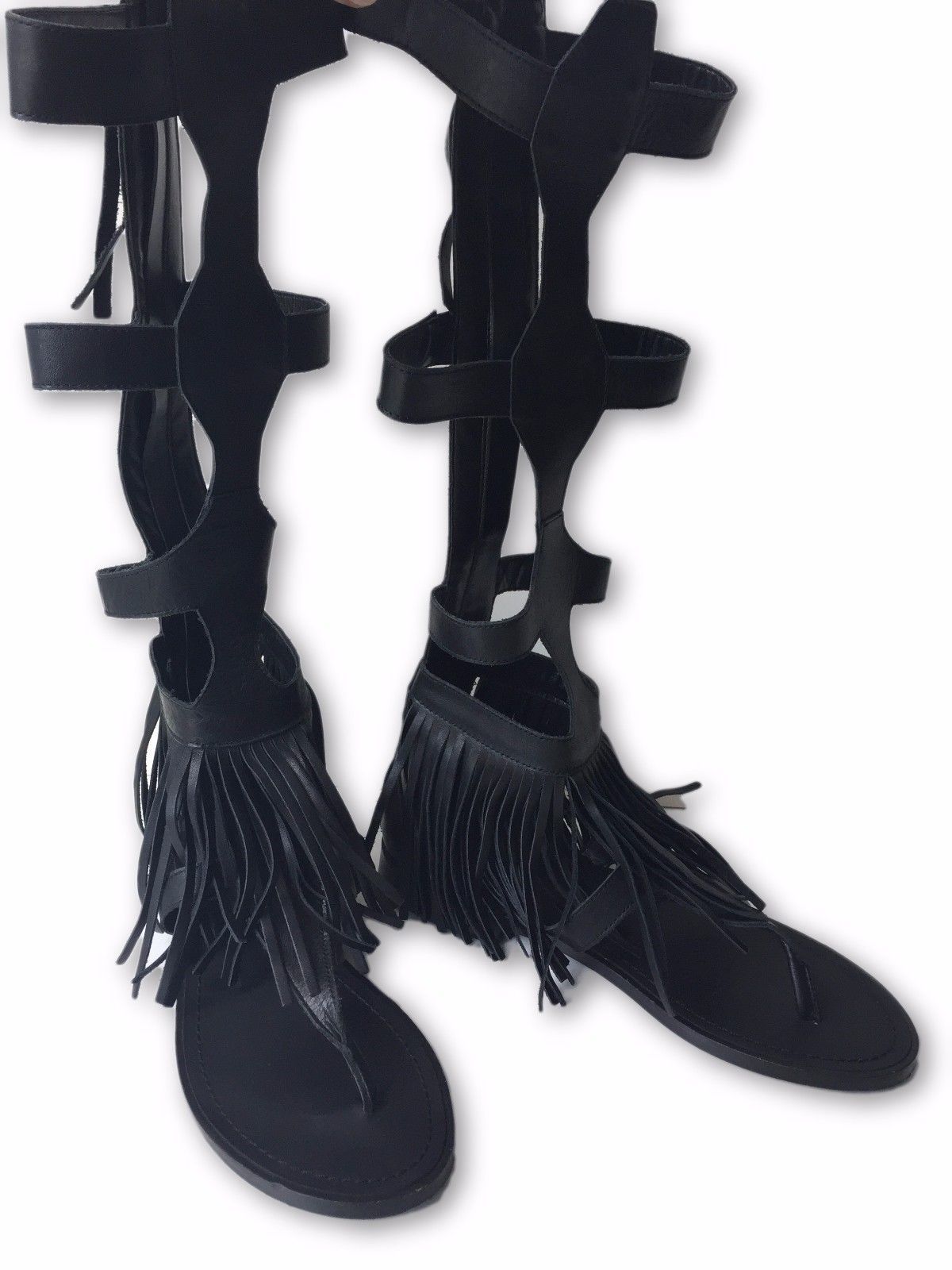 black fringe gladiator sandals