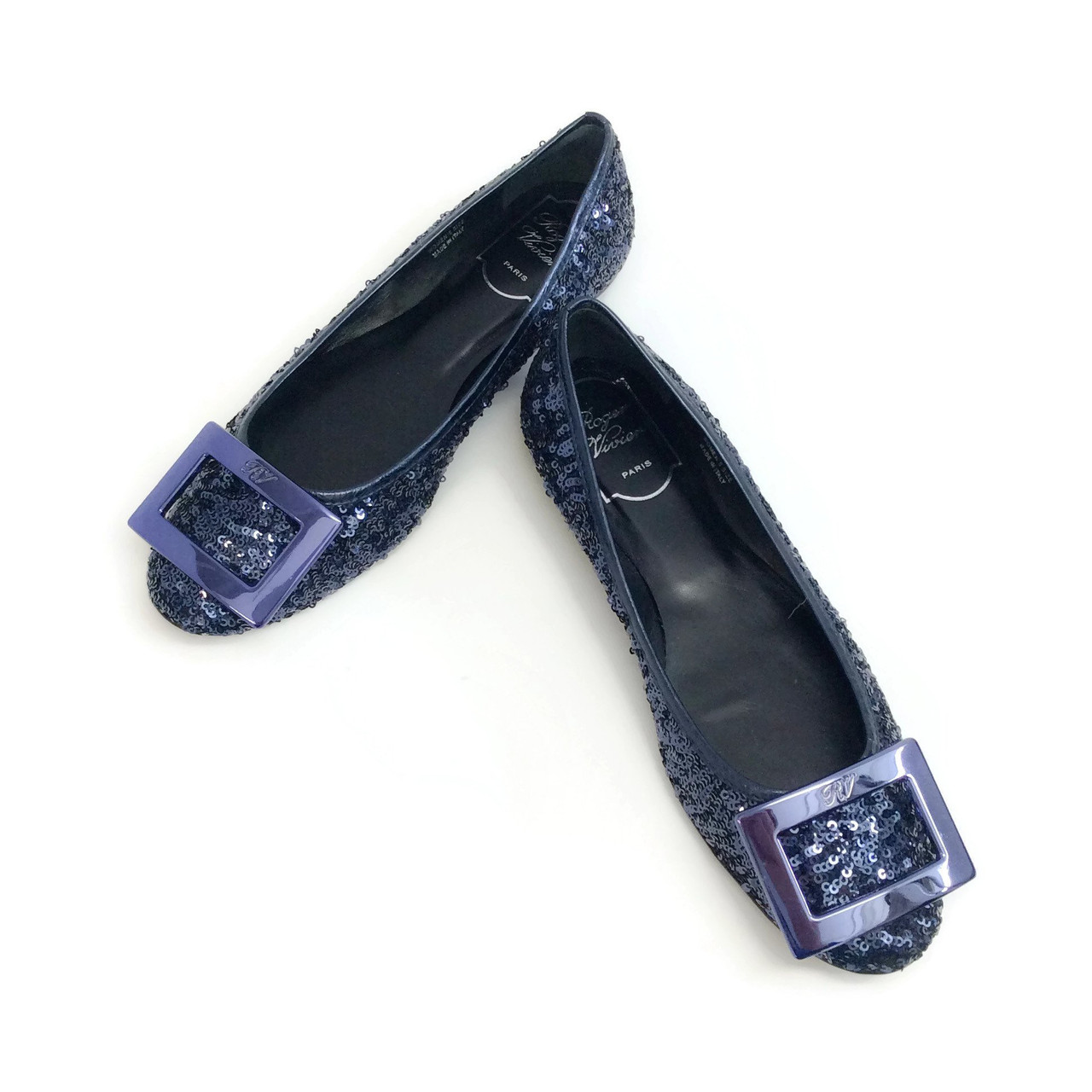 Roger Vivier Navy Blue Gommette Buckle Sequined Flats Leprix Roger Vivier Navy Blue Gommette Buckle Sequined Flats Leprix