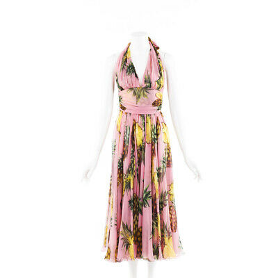 Dolce Gabbana Pineapple Silk Midi Halter Dress Sz 40 Leprix