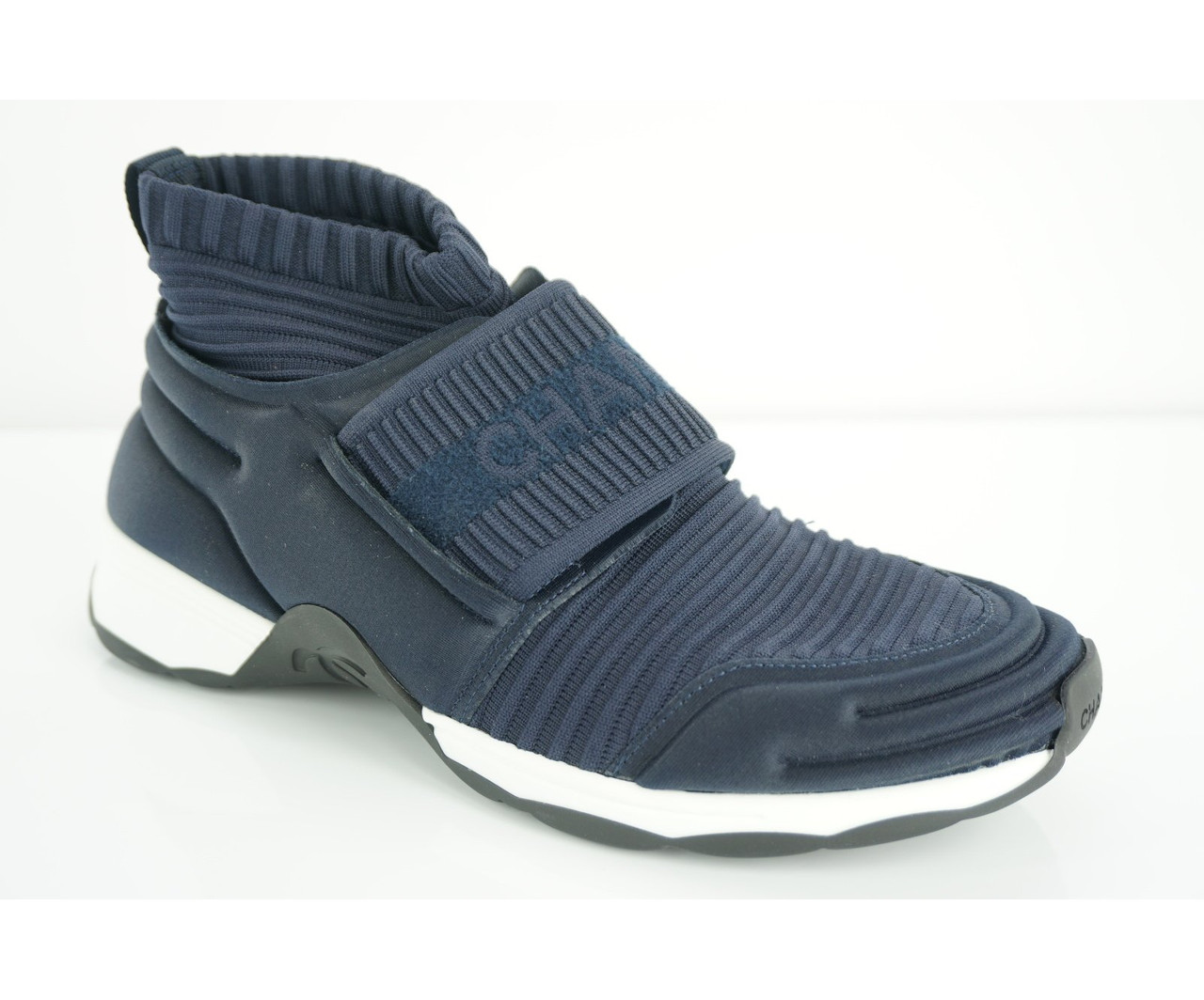 Chanel Navy Blue Stretch Fabric Cc Logo High Top Sneaker Sz 36 5 Leprix