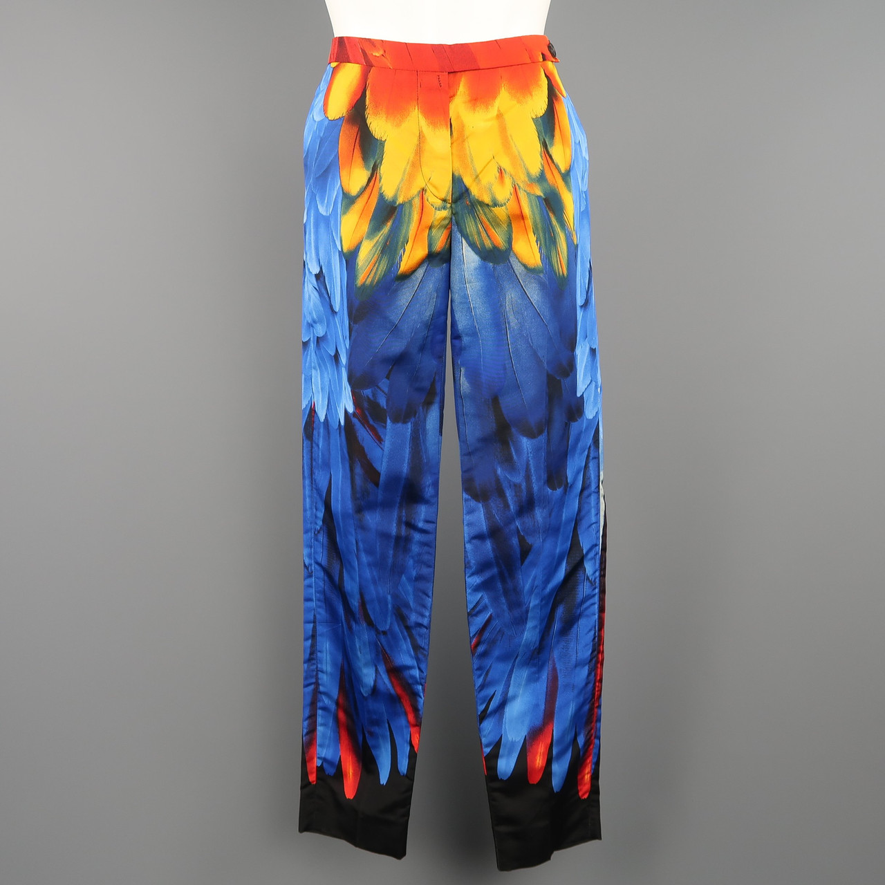 Prada Size 4 Blue Red Yellow Parrot Feather Print Silk Faille Leprix Prada Size 4 Blue Red Yellow Parrot Feather Print Silk Faille Leprix