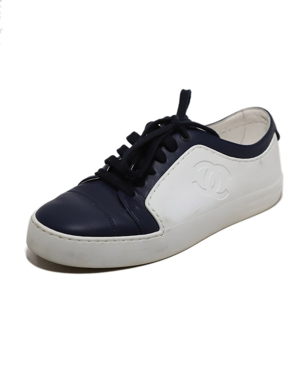 Chanel White And Navy Lace Up Leather Sneakers Sz 38 Leprix