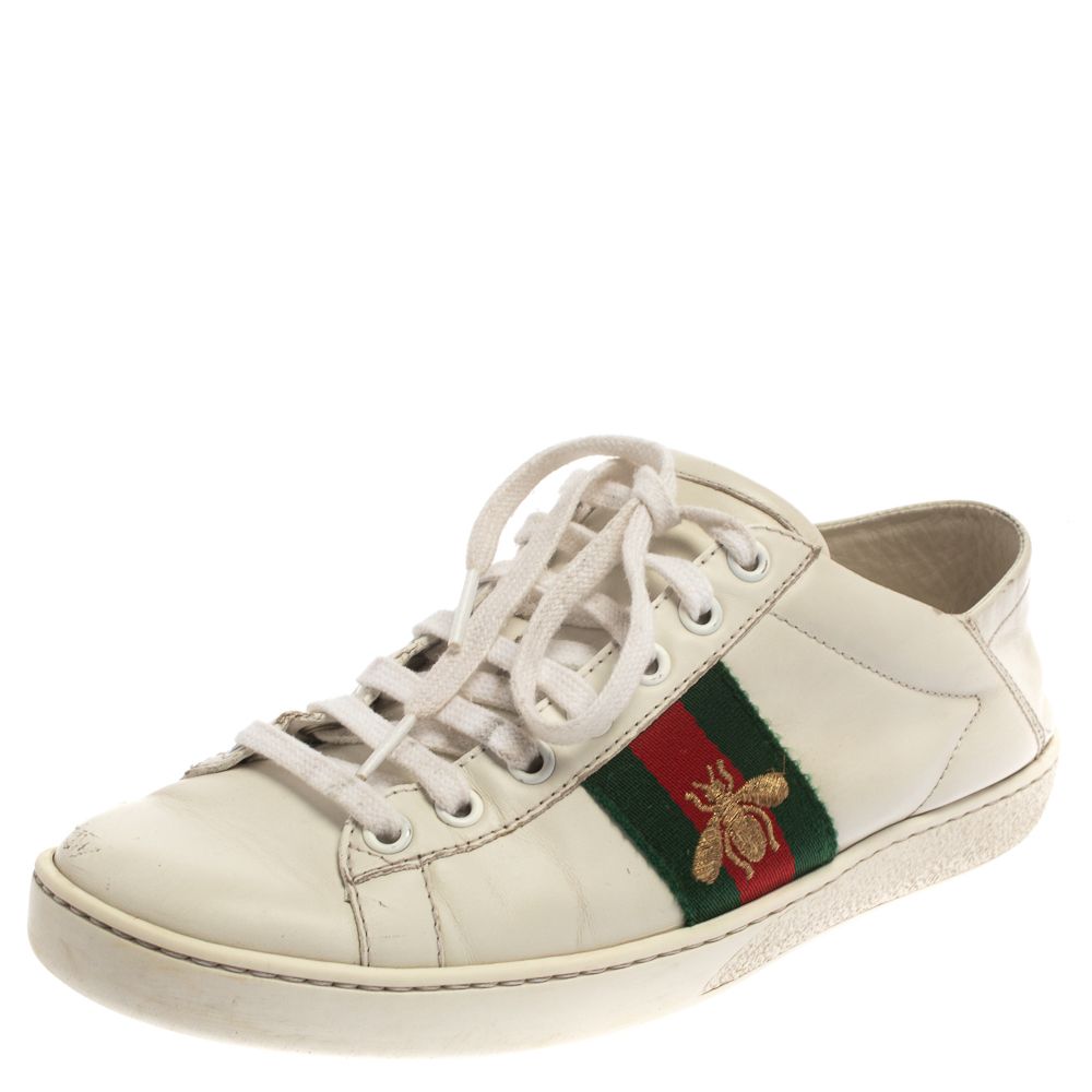 Gucci White Leather Embroidered Bee Ace Low Top Sneakers Size 37 | LePrix