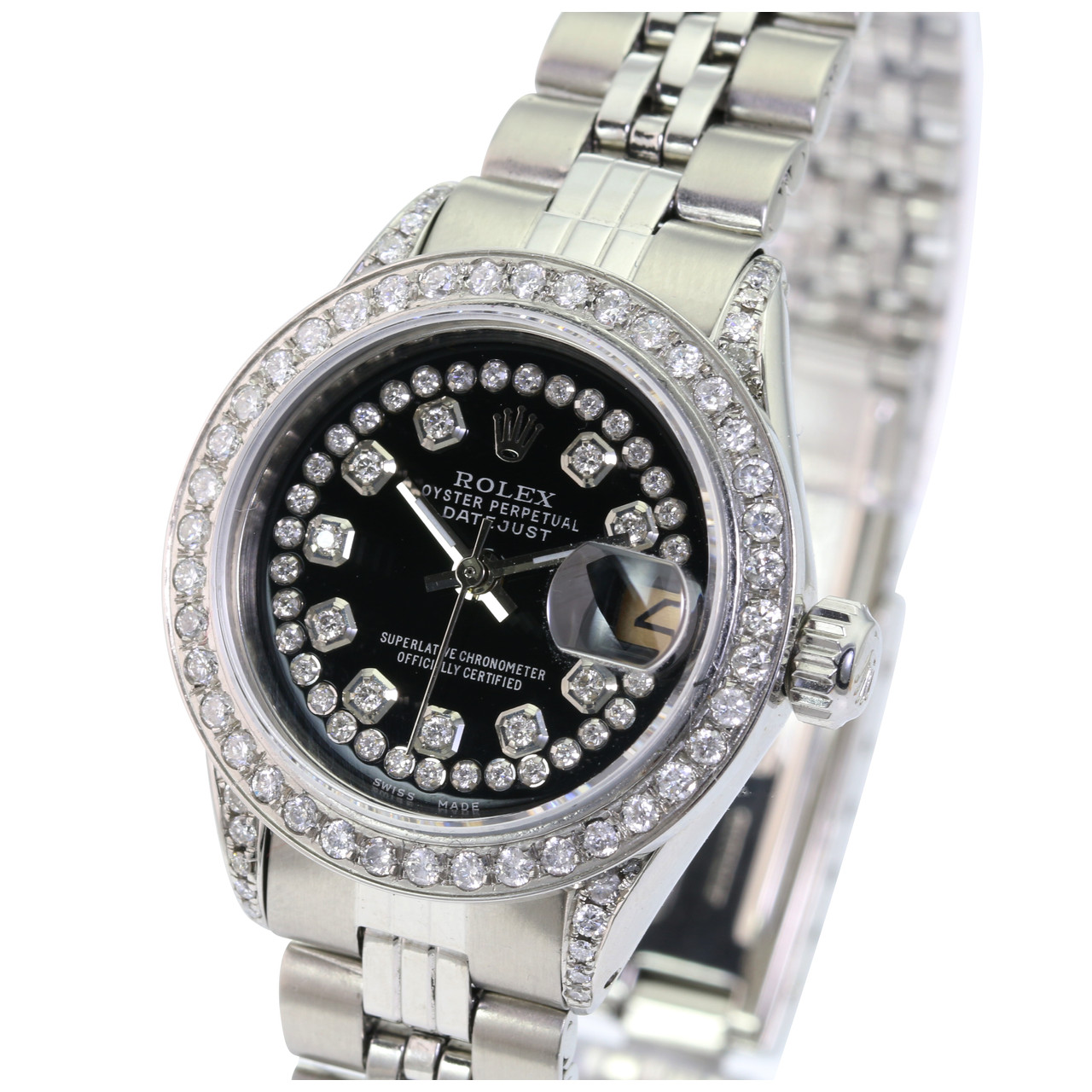 Rolex Womens Datejust 26mm Black String Diamond Dial Lugs Diamond Leprix