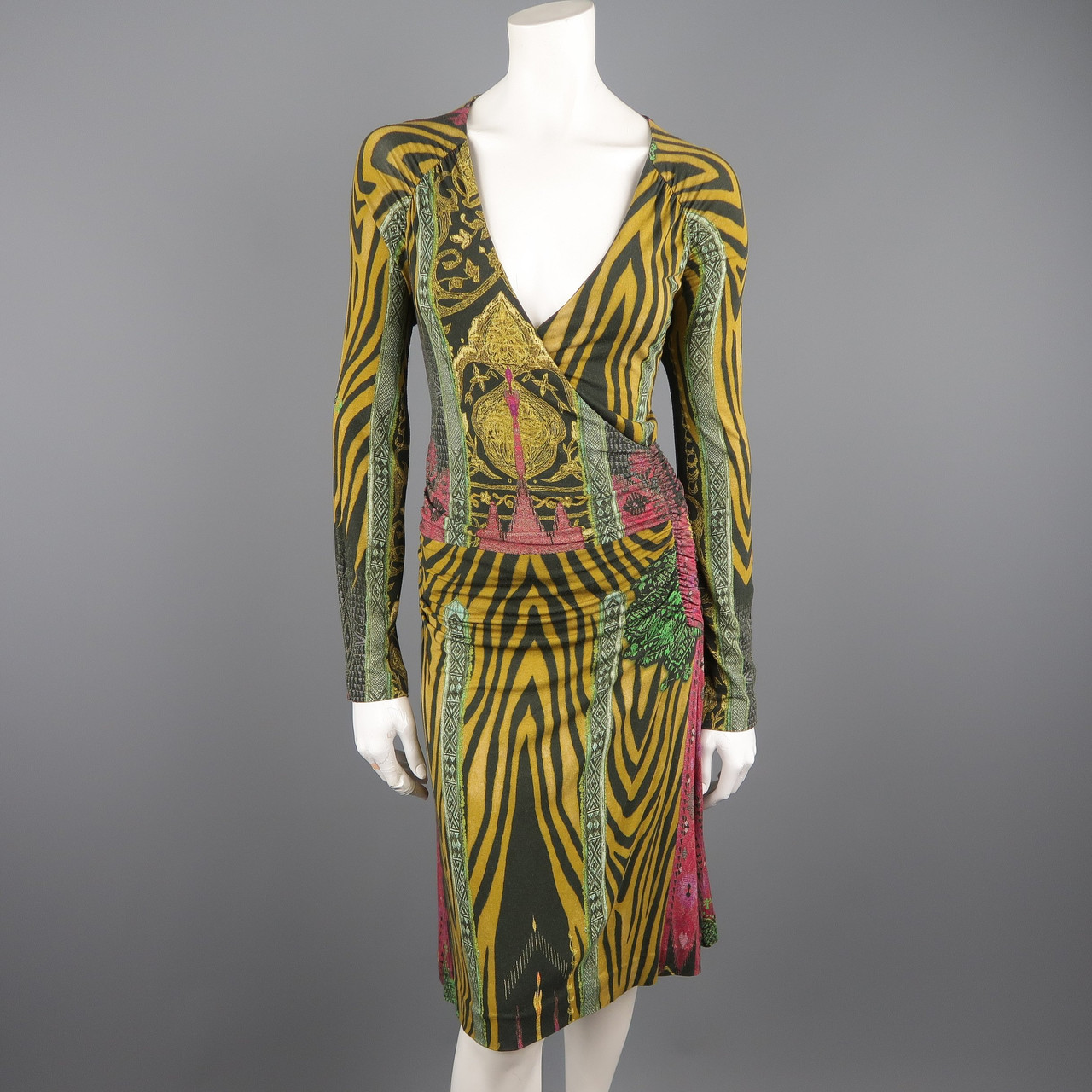 Etro Size 8 Gold Green Fuchsia Mixed Print Jersey Long Sleeve Leprix