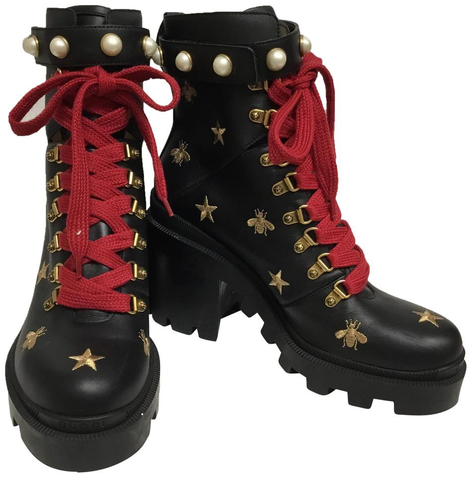 Gucci Black Ankle With Gold Bees Stars And Ankle Pearls Leprix