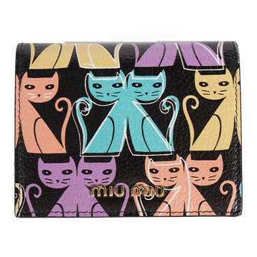 New 495 Miu Miu Black Leather Madras Cat Print Snap Small Bifold