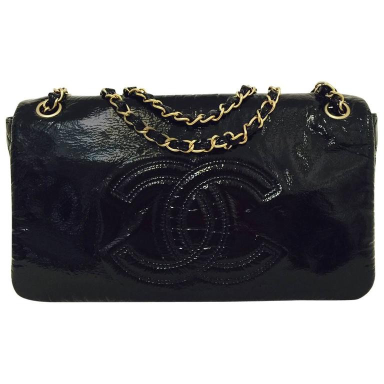 Chanel Black Patent Leather Flap Bag W Double Chain Straps Serial