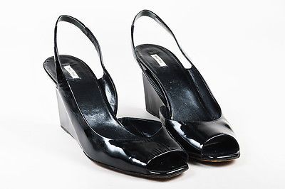 black patent peep toe slingback heels
