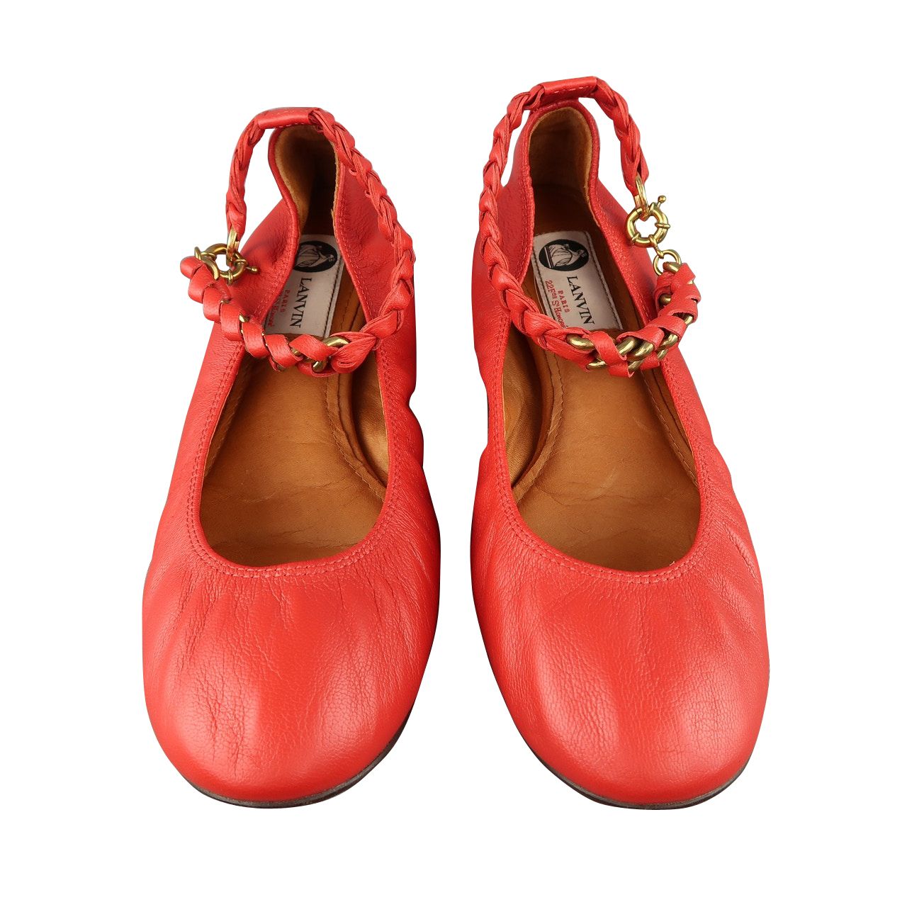 red ballet flats with ankle strap