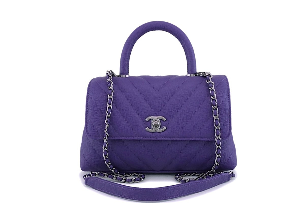 Nib 19k Chanel Purple Caviar Small Coco Handle Chevron Flap Bag Rhw Leprix Nib 19k Chanel Purple Caviar Small Coco Handle Chevron Flap Bag Rhw Leprix