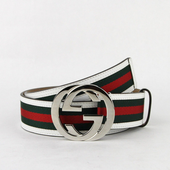 Gucci Mens Grg Web Belt W white Leather Trim And Silver Gucci Mens Grg Web Belt W white Leather Trim And Silver