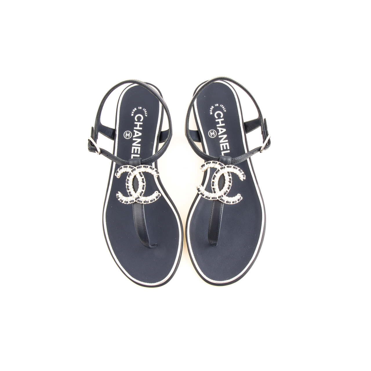 Chanel Lambskin Cc Chain Thong Sandals Blue Sz Us 7 5 Authenticity Leprix