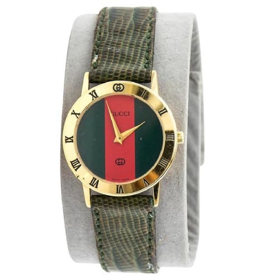 Gucci 3000 J Gold Tone On Lizard Textured Leather Ladies Watch Leprix