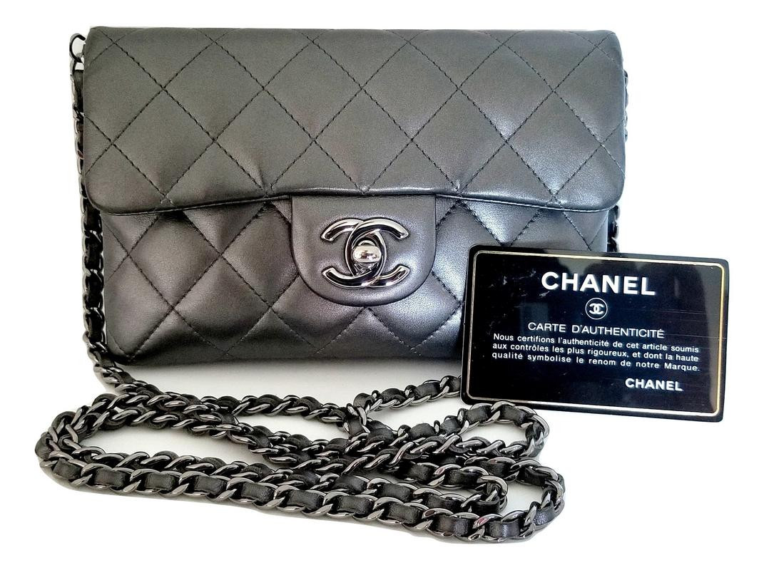 Chanel Classic Flap Chain Quilted Calfskin Mini Gray Gunmetal Grey Leprix Chanel Classic Flap Chain Quilted Calfskin Mini Gray Gunmetal Grey Leprix