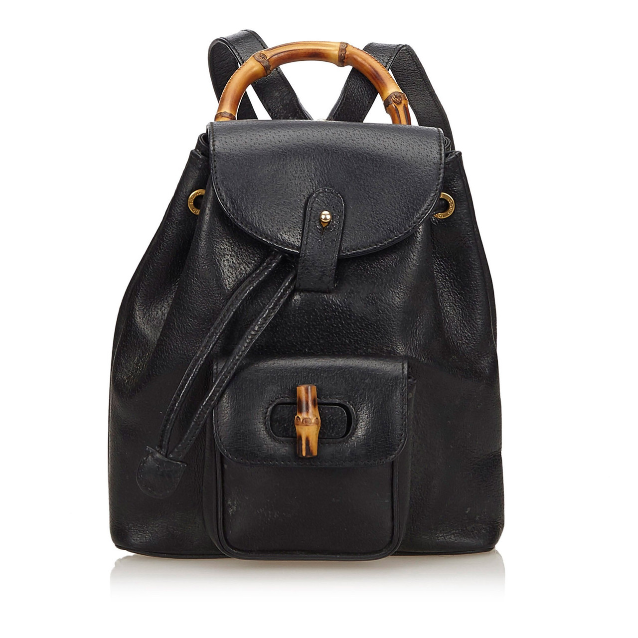 Vintage Authentic Gucci Black Leather Bamboo Backpack Italy Leprix